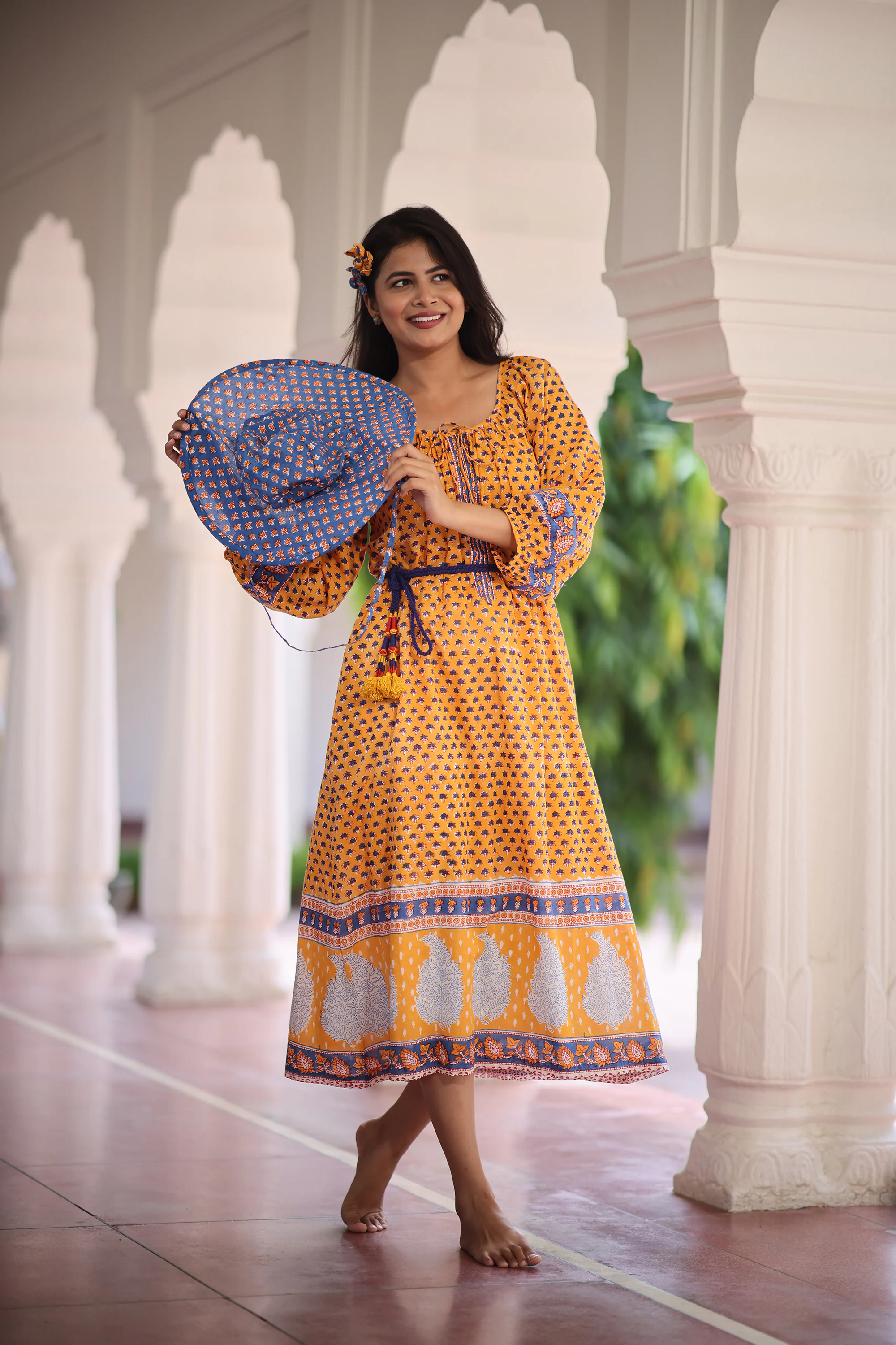 Model wearing Loharia hand block printed dress and hat by Soma, Autumn Collection 2026